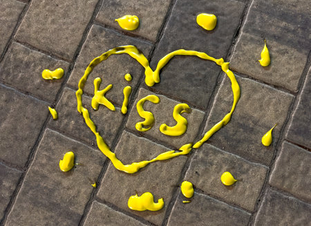 A heart made of yellow paint with the word kiss written in black. The heart is on a brick sidewalkの写真素材