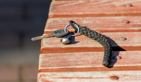 A key and a key chain are laying on a wooden bench. The bench is made of wood and has a rustic appearance. The scene is peaceful and quietの写真素材