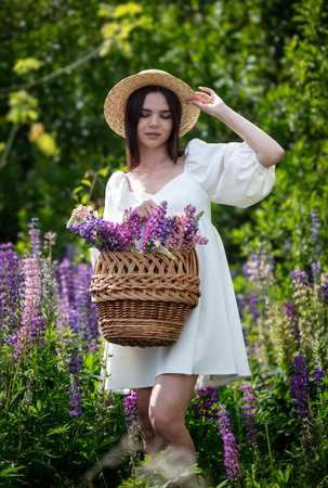 Girl with a hat and a basket in lupine flowers.の写真素材