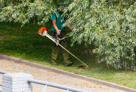 Worker using a grass trimmer to maintain a park, wearing protective gear and cutting grass near a...