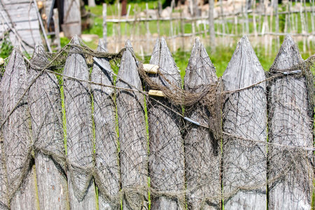 A wooden fence with a netting on it. The netting is made of string and is attached to the fence. The fence is old and has a rustic look to itの写真素材