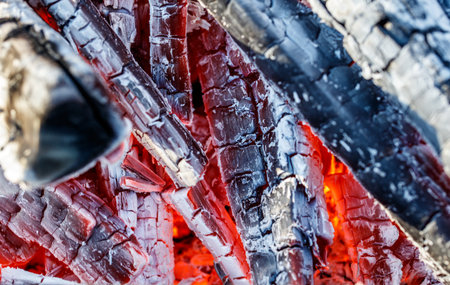 A pile of wood that has been burned, with the charred remains of the wood still glowing red. The...