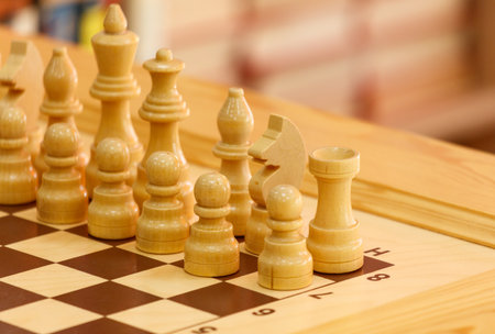 A wooden chess board with a white king and a black knight. The board is set up for a game of chessの写真素材