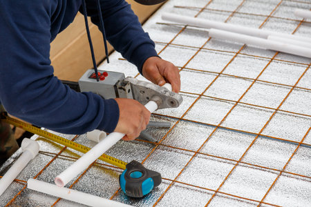 A man is working on a project with a tape measure and a pair of pliers. He is measuring a piece of pipe and cutting it with a pair of pliersの写真素材