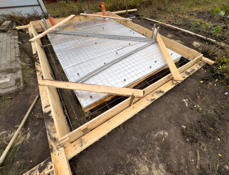 A wooden structure is being built with a metal roof. The structure is in the process of being constructedの写真素材