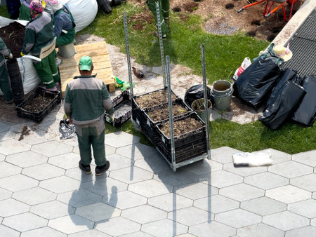 A man is standing in front of a cart filled with plants. He is looking at the cart with interest,...