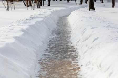 A snow covered path with a small ditch in the middle. The ditch is filled with water and snowの写真素材