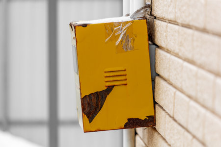 A yellow box with a white sticker on it is hanging on a brick wall. The box is rusted and has a hole in itの写真素材