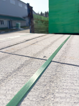 A green line is laid out on the ground next to a building. The line is long and stretches across the entire width of the pavement. It is a marking or boundaryの写真素材