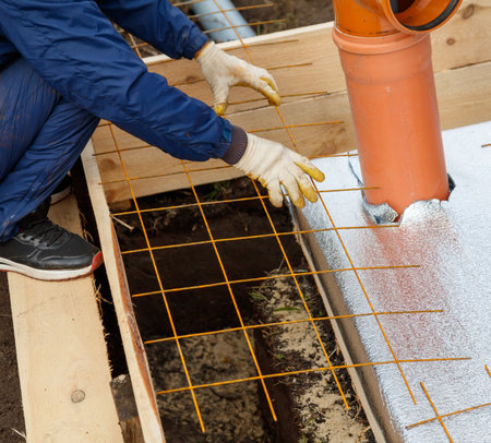 A man is laying down a metal grid on the ground. The grid is made of metal and is being used to...