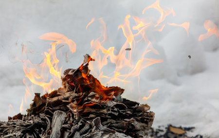 A pile of burnt paper with a fire on top. The fire is orange and yellow. Scene is warm and cozyの写真素材