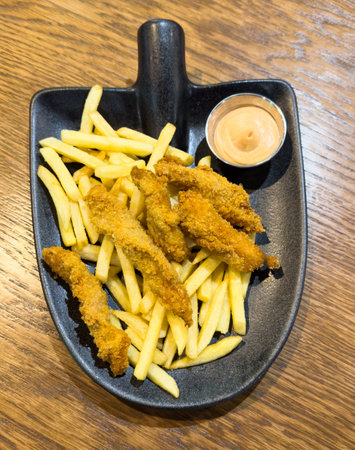 A plate of fried chicken and French fries is served in a black bowl. The bowl is shaped like a...