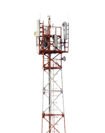 A tall tower with a white base and red top. The tower is a cell phone tower