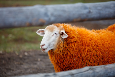 A sheep with a white face and orange wool is standing in a field. The sheep appears to be looking at the camera, possibly curious or alert. Concept of calm and peacefulnessの写真素材