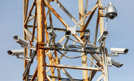 A tower with a bunch of cameras on it. The tower is old and rusted. The cameras are all facing the...