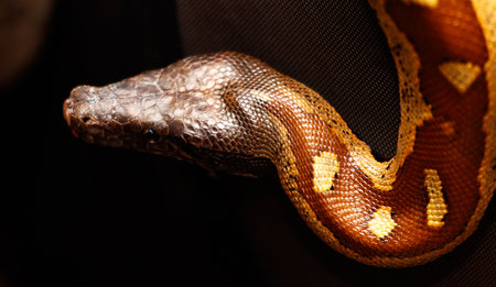 A snake with a brown and yellow pattern on its body. The snake is curled up and has a black head