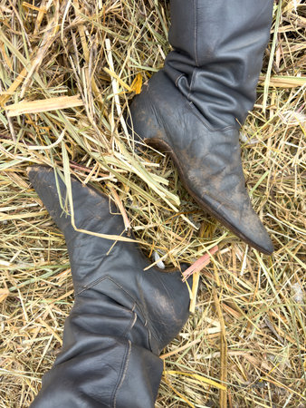 A pair of dirty boots are laying on top of a pile of hay. The boots are black and appear to be worn. The hay is brown and scattered around the boots. The scene gives off a rusticの写真素材