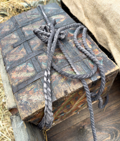 A wooden box with a rope tied to it. The box has a weathered appearance and is oldの写真素材
