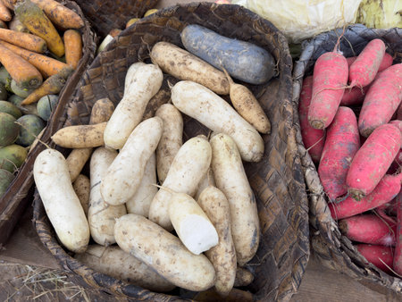 A basket of white and red vegetables including carrots and radishes. The basket is full of vegetables and the carrots are in the frontの写真素材