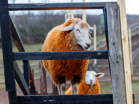 Two sheep are standing in a pen with a wooden fence. One of the sheep is brown and the other is whiteの写真素材