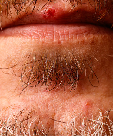 A man with a beard has a red mark on his lip. Concept of discomfort and pain, as the man's lip is bleedingの写真素材