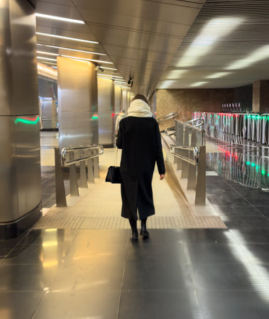 A woman wearing a scarf walks through a train station. The station is empty and the woman is the only person in the sceneの写真素材