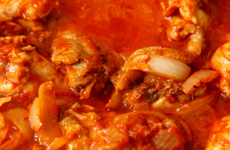 A pot of red sauce with chicken in it. The sauce is thick and has a lot of onions in itの写真素材