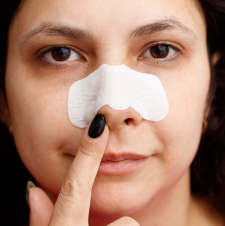 A woman is applying a white patch to her nose. She is smiling and she is in a good mood