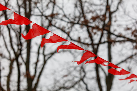 A red banner is hanging from a tree. The banner is red and white and has a heart shape. The banner is hanging from a tree branch and is visible in the backgroundの写真素材