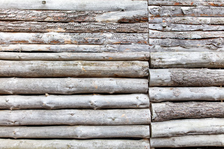 A wall made of wooden logs, with some of the logs being cut in half. The wall appears to be made of...