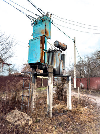A rusted old power station with a ladder on top. The ladder is leaning against the side of the...