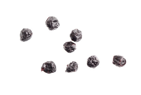 Dried blueberries isolated on white background. Close-up.の写真素材