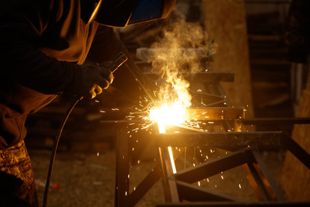 A man is welding metal with a bright light shining on him. The scene is intense and dangerous, as...