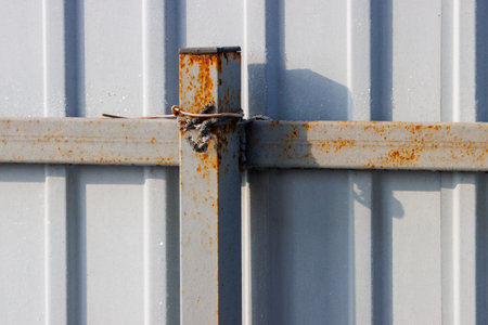 A rusted metal pole is attached to a gray metal fence. The pole is bent and twisted, and the fence is covered in rust. The scene gives off a sense of decay and neglectの写真素材