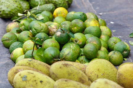 A pile of green fruit including lemons and limes. The fruit is piled on top of a tableの写真素材