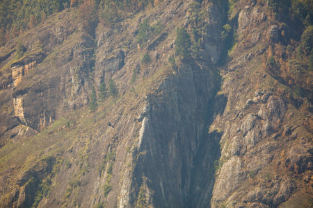 A mountain with a tree on it. The mountain is very tall and rocky. The tree is small and greenの写真素材