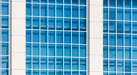 A large building with blue windows and white trim. The windows are clean and clear, allowing for a bright and open feelingの写真素材