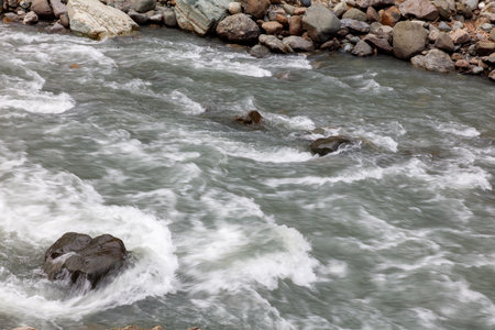The water is flowing rapidly and is surrounded by rocks. The rocks are scattered throughout the water, creating a sense of movement and energy. The water appears to be murky, with a grayish tintの写真素材