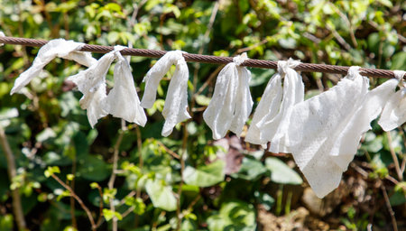 A bunch of white cloths hanging on a wire. The cloths are torn and dirty. Scene is sad and lonelyの写真素材