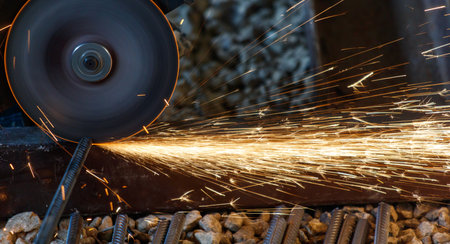 A grinding wheel is cutting through a piece of metal, creating sparks and debris. The scene is intense, as the sparks could ignite flammable materials nearbyの写真素材