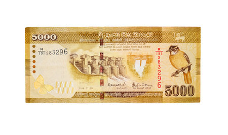 Five thousand Sri Lankan rupees isolated on white background. Close-up.の写真素材