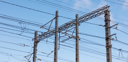 A power line pole with wires hanging from it. The sky is blue and clear. The wires are tangled and the pole is leaningの写真素材