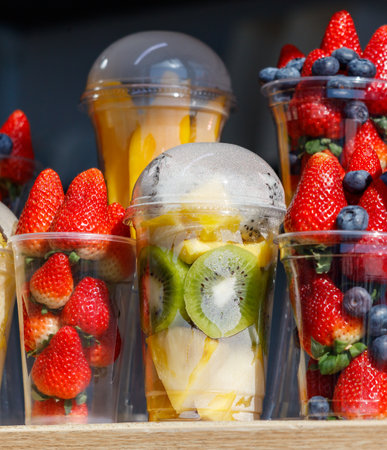 A display of fruit in plastic cups, including strawberries, kiwi, and blueberries. The cups are filled with a variety of fruit, and the presentation is colorful and invitingの写真素材
