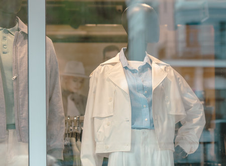 A mannequin is wearing a white jacket and blue shirt. The jacket is a trench coat and the shirt is a blue button up. The mannequin is standing in front of a windowの写真素材