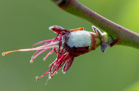 A flower bud is on a branch. The bud is pink and has a fuzzy texture. The bud is surrounded by green leavesの写真素材