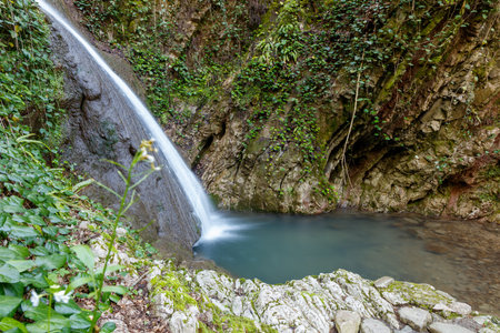 A waterfall is flowing into a small pool of water. The water is clear and the rocks surrounding the pool are mossy. The scene is peaceful and sereneの写真素材