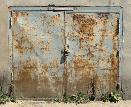 The door is rusted and has a lock on it. The door is open and the lock is visibleの写真素材