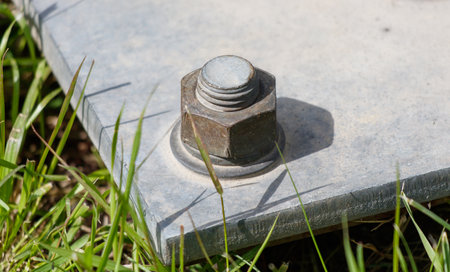 A bolt is sitting on a concrete slab. The bolt is rusted and has a metal head. The bolt is surrounded by grass and dirtの写真素材