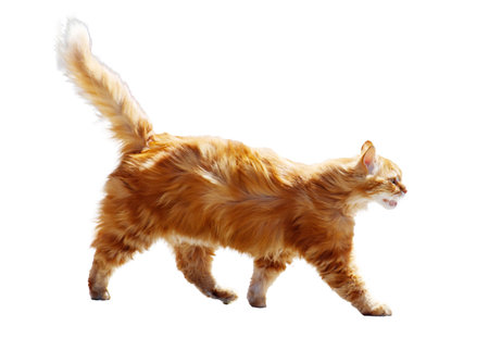 A cat with a long tail is walking on a white background. The cat has a very fluffy coat and he is enjoying its walkの写真素材