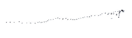 A line of birds flying in the sky. The birds are in a row and are flying in different directions